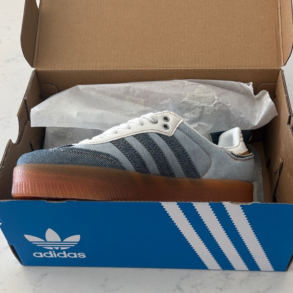 Adidas Denim and White Striped Sneakers Brand New